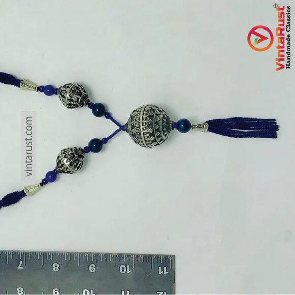 Blue Beaded Pendant Necklace with Silver Tribal Charms and Tassels - Picture 11 of 14